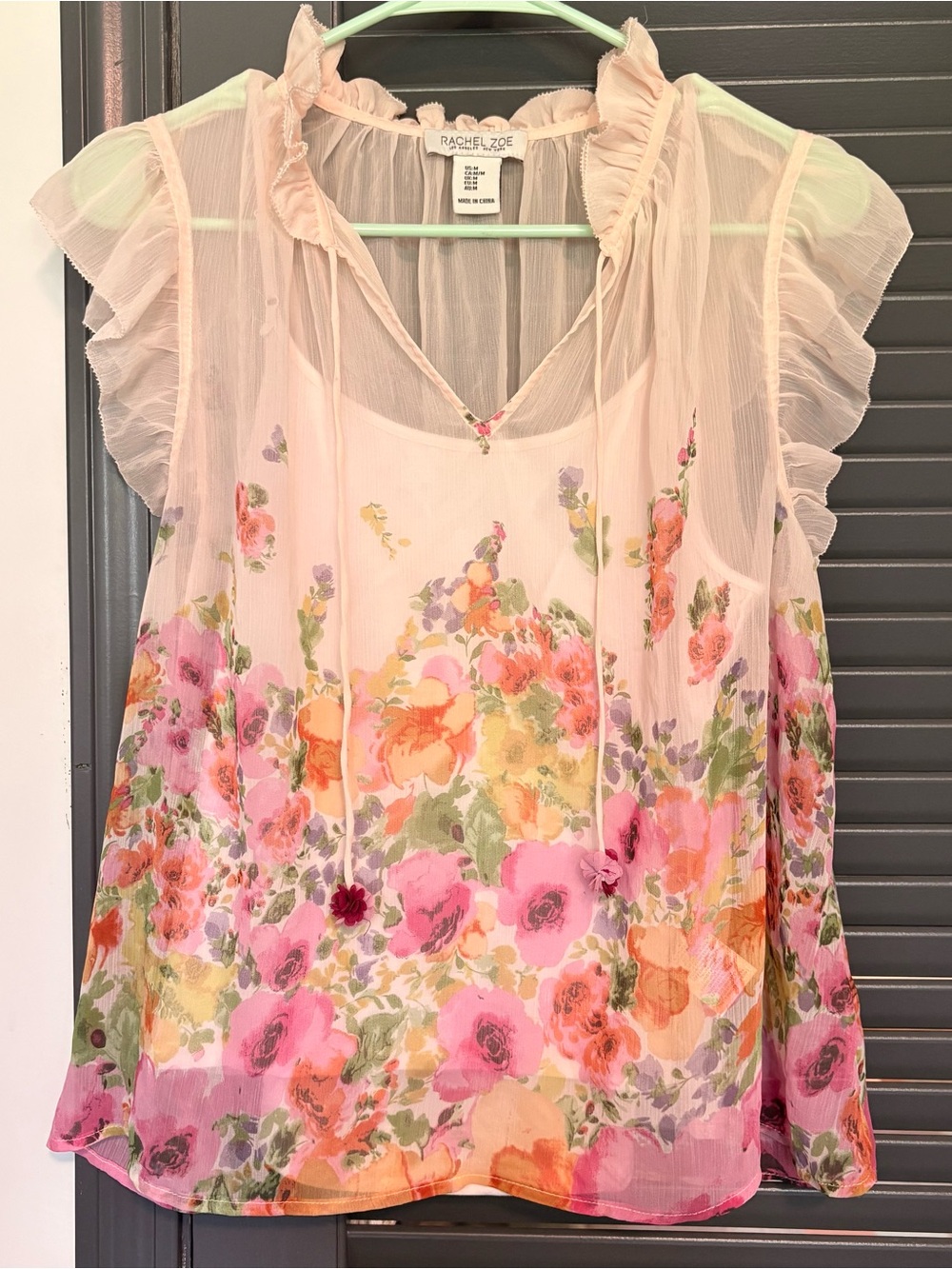 Rachel Zoe Pink Floral Sheer Ruffle Tie-Neck Camisole